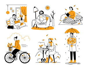 Set of people indoors on a sofa in warm clothes with a hot drink, coffee or tea. Man and woman outdoors enjoying autumn weather. Vector doodle characters