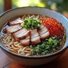 Delicious Ramen Bowl Topped with Pork Belly and Salmon Roe