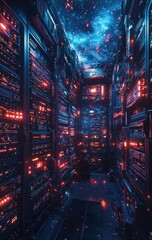 Server Room with Glowing Lights Under a Starry Sky Cyberpunk Style
