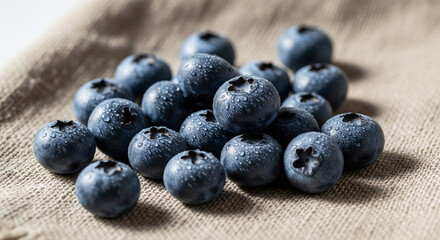 Fresh Blueberries with Water Droplets on Linen Fabric