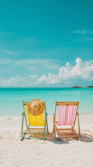 Colorful Beach Chairs on Sandy Shore with Clear Blue Ocean and Sky