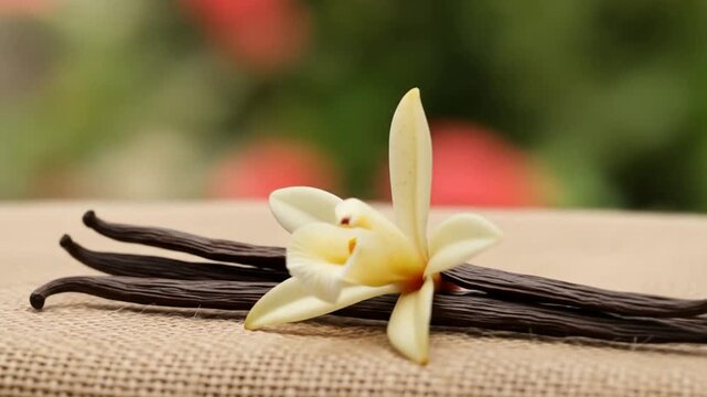 Close-up of fragrant vanilla beans and a delicate vanilla orchid flower resting on a textured burlap surface with a soft green background.