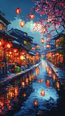 Lantern Lit Street Scene with Cherry Blossoms and Water Reflections