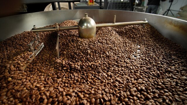 Fresh roasted coffee beans cooling in large industrial mixer machine roaster blend at modern factory aromatic brown grains blending mixing cocoa roasting closeup view of equipment production process - Powered by Adobe