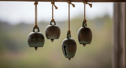 Four Rustic Ceramic Bells Hanging by Strings Outdoors.