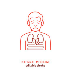 Internal medicine icon with heart, colon, monitor and scalpel.