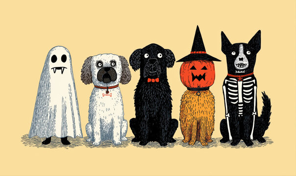 Adorable humorous hand drawn illustration of dogs gang, team dressed up in Halloween costumes for spooky whimsical party and Festive Banner