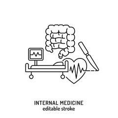 Internal medicine icon with heart, colon, monitor and scalpel.