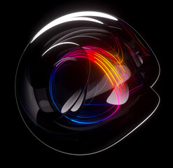 3d surreal mystic alien ball or sphere sculpture in curved wavy organic lines forms in a deformation process in translucent liquid glass material with rainbow laser round stripes inside on black