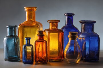 Collection of antique glass bottles in amber and cobalt blue hues