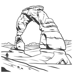 Vector art of a captivating line art illustration showcases the iconic delicate arch in arches national park, utah, with a solitary figure adding scale to the majestic landscape