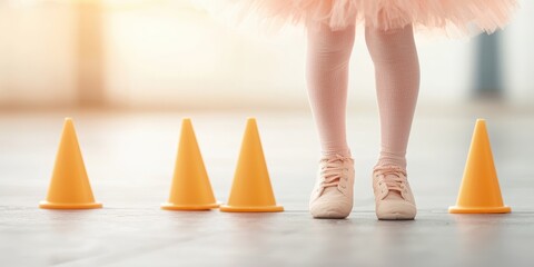 A young dancer stands in soft ballet shoes, poised in front of bright orange cones, evoking a sense of grace and playful practice in a dance studio.