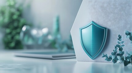 Modern design featuring a blue shield emblem symbolizing security and protection on a light background with plants