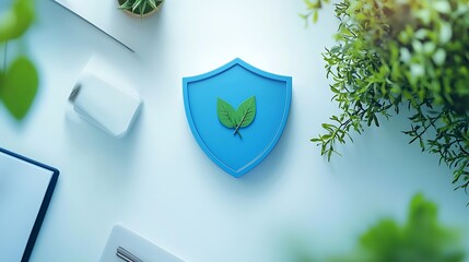 Green Shield Symbolizing Eco-Friendly Protection and Sustainability in Modern Office Environment with Natural Elements