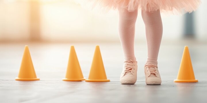 A young dancer stands in soft ballet shoes, poised in front of bright orange cones, evoking a sense of grace and playful practice in a dance studio.