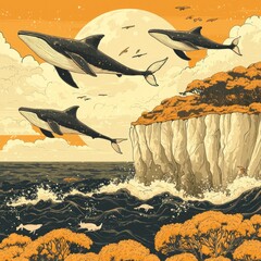 Whales Flying Over Ocean with Cliffside and Full Moon Illustration