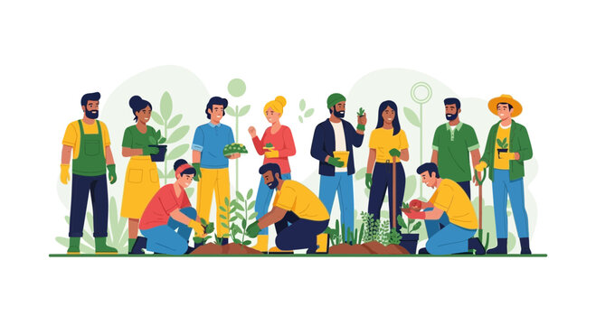 Group Of Volunteers Working Together In A Community Garden, Planting New Greenery