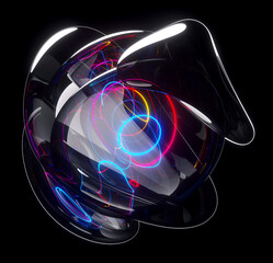 3d surreal mystic alien ball or sphere sculpture in curved wavy organic lines forms in a deformation process in translucent liquid glass material with rainbow laser round stripes inside on black