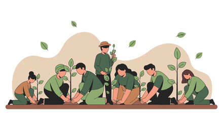 Fototapeta premium Group Planting Young Trees In Unity And Cooperation, Promoting Environmental Protection