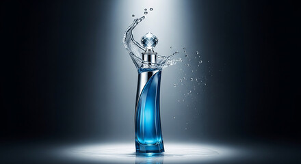 Capture the essence of luxury with this elegant blue perfume bottle and splashing water, perfect for beauty ads