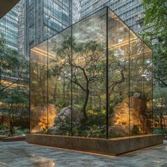 Tree Enclosed in Glass Structure with Rocks and Plants in Urban Area