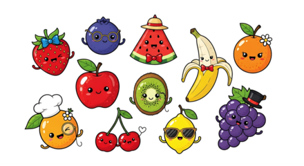 Collection of cute kawaii fruits with faces isolated on transparent background