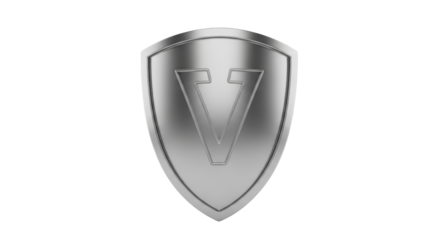 Isolated shield symbol, silver-tone heraldic badge with letter V, vector emblem design asset