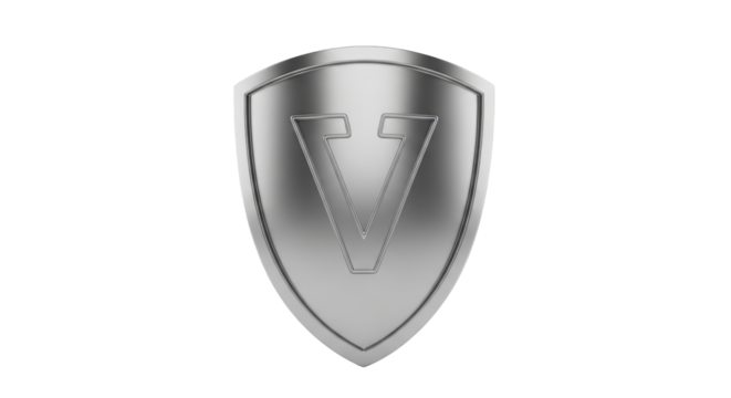 Isolated shield symbol, silver-tone heraldic badge with letter V, vector emblem design asset