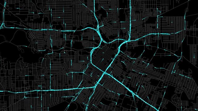 Urban Traffic Flow Map Simulation in Houston, Texas, GPS Smart city route Transportation