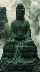 Seated Buddha Statue Amidst Cloudy Mountain Landscape for Spiritual Concept