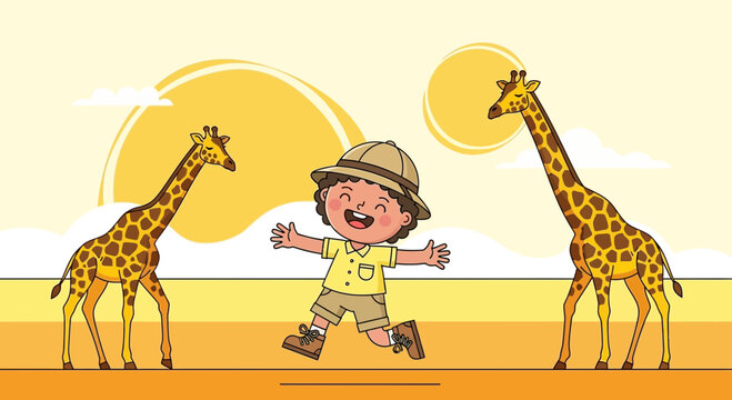 Happy Boy Welcomes Giraffes On A Sunny Day In The African Savanna