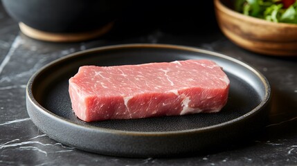 Fototapeta premium A raw, fresh cut of beef sirloin steak sits on a dark plate with a marble background and salad for dinner preparation on a stylish modern setting for cooking.