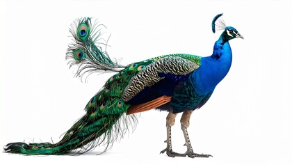 Obraz premium A vibrant peacock stands with tail fully fanned—blue, green, and iridescent eyes shimmer as another peacock soars above, evoking courtship, majesty, and the surreal rhythm of nature in motion.