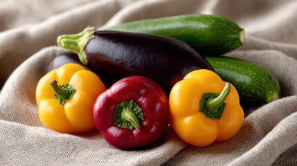 Personalized nutrition for skin health with fresh yellow bell pepper red bell pepper eggplant and zucchini on fabric background