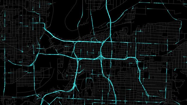 Urban Traffic Flow Map Simulation in Kansas City, Missouri, GPS Smart city route Transportation