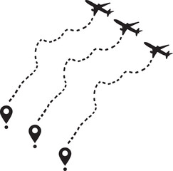 Airplane flight path with location pin. Air travel route to a destination point. Aircraft icon flying along a dotted line. Journey, trip, and tourism concept vector icon