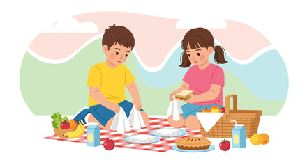 Happy Children Enjoying Snacks And Drinks Outdoors With Friendship Illustration