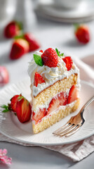 Delicious strawberry shortcake slice topped with whipped cream and fresh strawberries on a white plate, perfect for dessert lovers