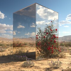 Surreal Rose Bush Inside Mirror Cube in Desert Landscape