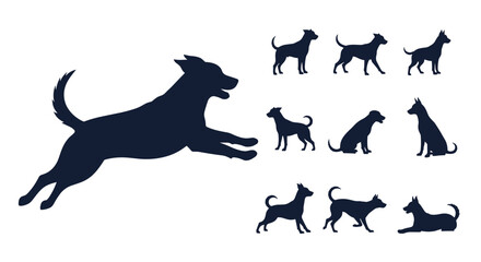 Set of dog silhouettes in various playful poses.
