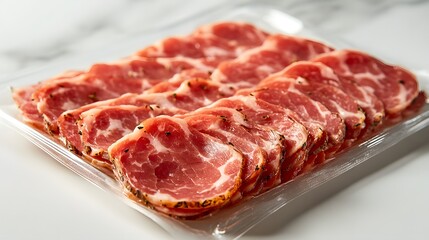 Obraz premium Thin slices of flavorful coppa ham arranged neatly in a clear plastic package display its marbling and spiced edges on a clean, light surface, ready to serve.