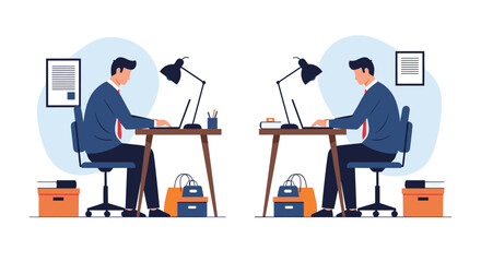 Two identical men sitting at desks and working on their laptops in an office.