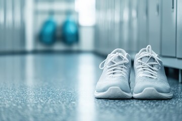 A pair of white athletic shoes sits on a polished floor, with lockers in the background, suggesting a gym or sports facility setting.