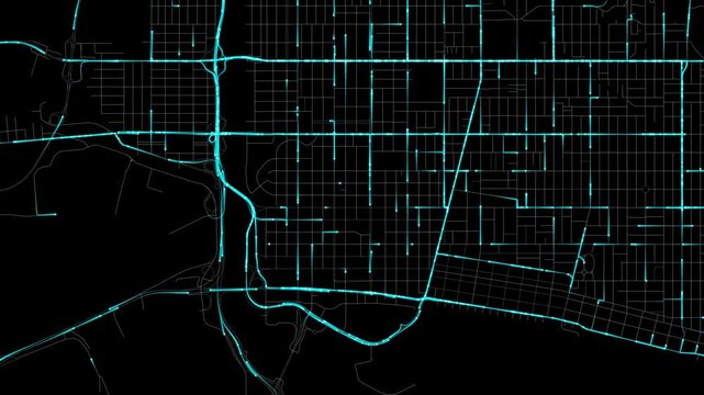 Urban Traffic Flow Map Simulation in Long Beach, California, GPS Smart city route Transportation
