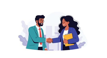 Two business people shake hands in a meeting. 