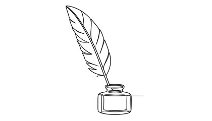 Simple line drawing of a quill and inkwell