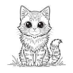 Cute cartoon kitten sitting on grass, black and white sketch
