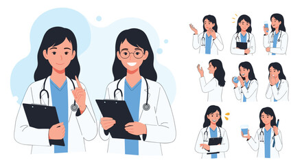 A set of illustrations featuring a female doctor.
