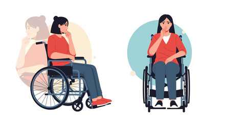 A woman in a wheelchair contemplates her thoughts and feelings.
