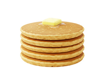 Isolated stack of delicious pancakes with melting butter on top for breakfast or dessert